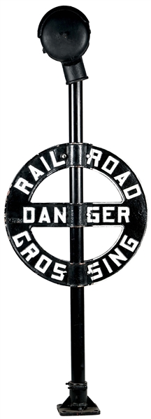 LARGE "DANGER" RAILROAD CROSSING POLE SIGN WITH TOP-MOUNTED BELL. 