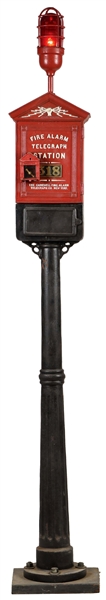 GAMEWELL FIRE ALARM TELEGRAPH STATION MOUNTED ON CAST-IRON POLE & BASE. 