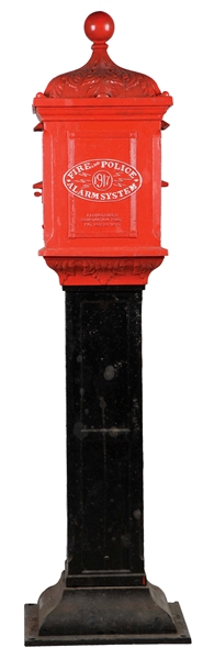 MUNICIPAL TELEPHONE & FIRE ALARM CALL BOX MOUNTED ON CAST-IRON BASE. 