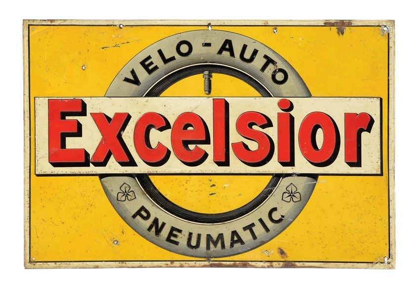 EXCELSIOR PNEUMATIC TIRES EMBOSSED TIN SIGN W/ TIRE GRAPHIC. 