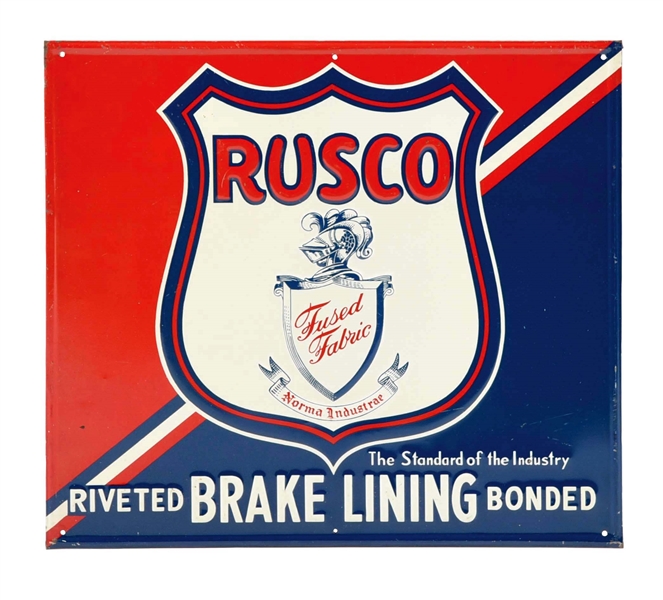 RUSCO RIVETED BRAKE LINING EMBOSSED TIN SIGN W/ KNIGHT GRAPHIC. 