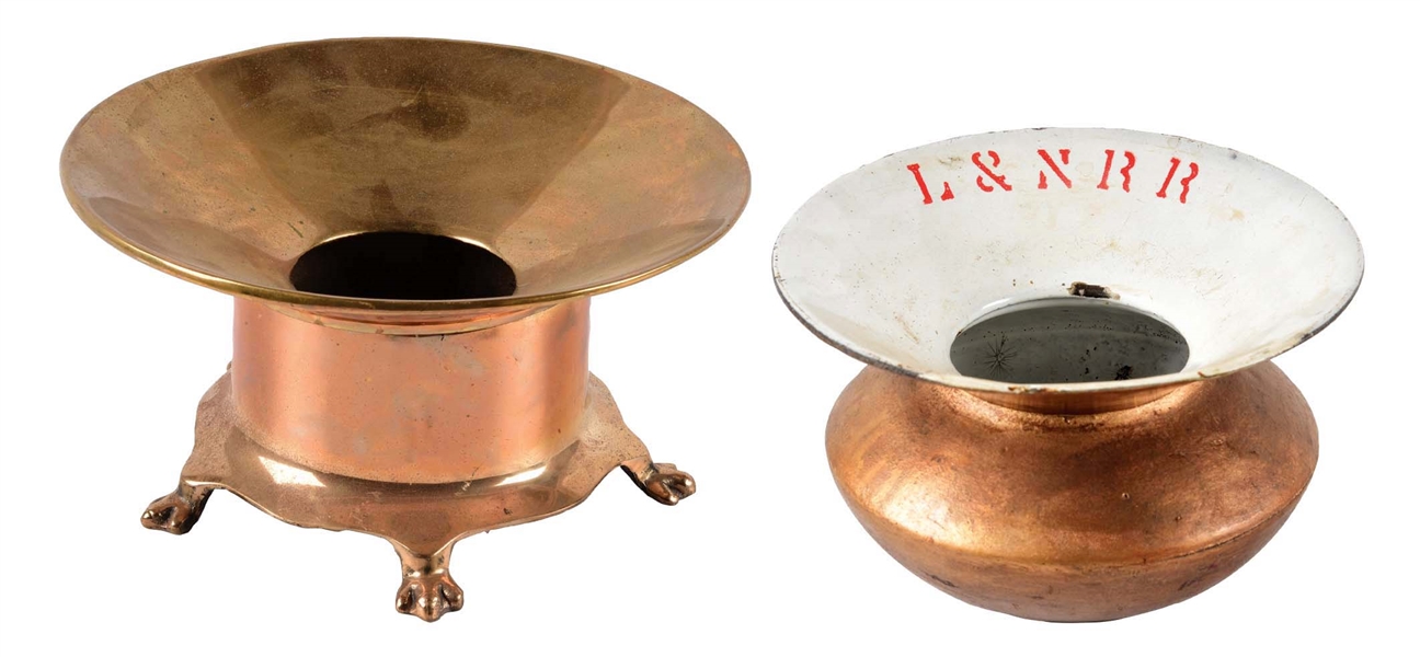 LOT OF 2: CAST BRONZE FOOTED AND CAST-IRON SPITTOONS.