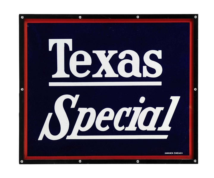 TEXAS SPECIAL RAILROAD PORCELAIN SIGN W/ ADDED METAL FRAME. 