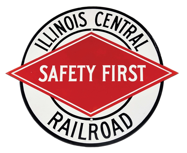 ILLINOIS CENTRAL RAILROAD SAFETY FIRST DIE-CUT PORCELAIN SIGN. 