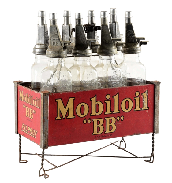 MOBILOIL "BB" FILPRUF GLASS OIL BOTTLES WITH MOBILOIL DISPLAY RACK. 