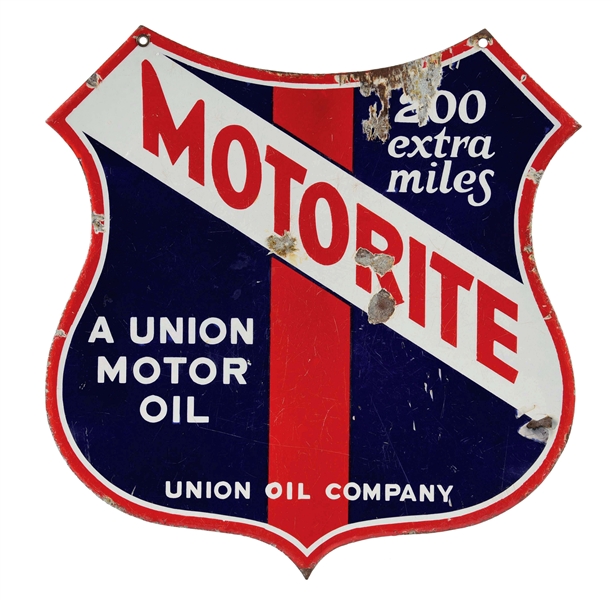 UNION OIL COMPANY MOTORITE MOTOR OIL PORCELAIN SHIELD SIGN. 