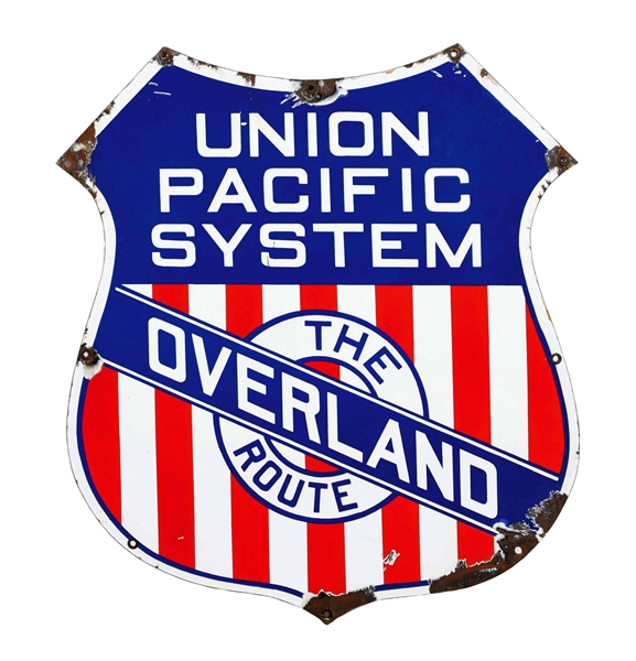 UNION PACIFIC SYSTEM OVERLAND ROUTE DIE CUT PORCELAIN SHIELD SIGN.