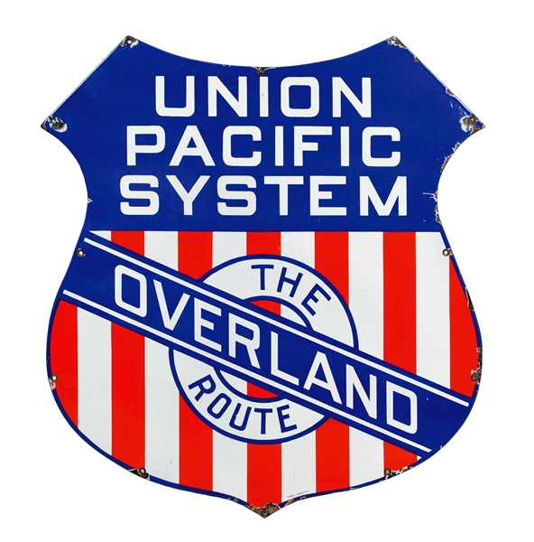 LARGE UNION PACIFIC SYSTEM OVERLAND ROUTE DIE CUT PORCELAIN SHIELD SIGN.