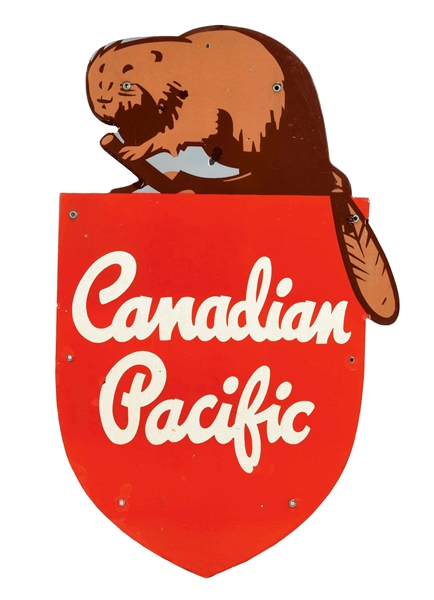 CANADIAN PACIFIC DIE CUT PORCELAIN SIGN W/ BEAVER GRAPHIC. 