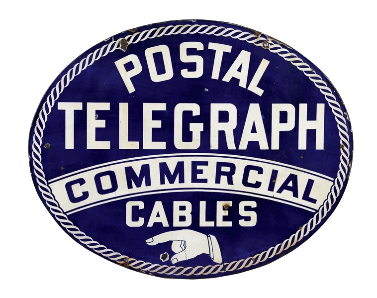 POSTAL TELEGRAPH & COMMERCIAL CABLES PORCELAIN SIGN W/ FINGER POINTER GRAPHIC. 