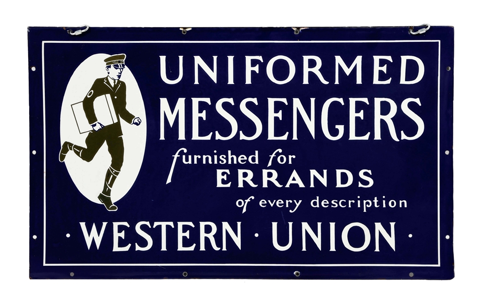 WESTERN UNION UNIFORMED MESSENGERS PORCELAIN SIGN W/ MESSENGER GRAPHIC. 