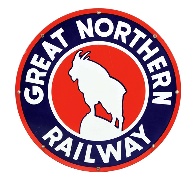GREAT NORTHERN RAILWAY PORCELAIN SIGN W/ MOUNTAIN GOAT GRAPHIC. 
