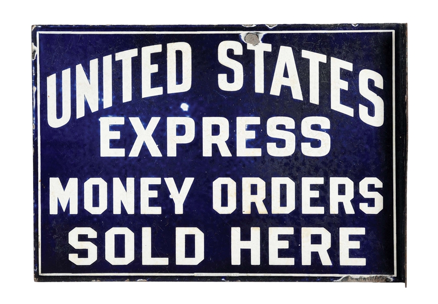 UNITED STATES EXPRESS MONEY ORDERS SOLD HERE PORCELAIN FLANGE SIGN.