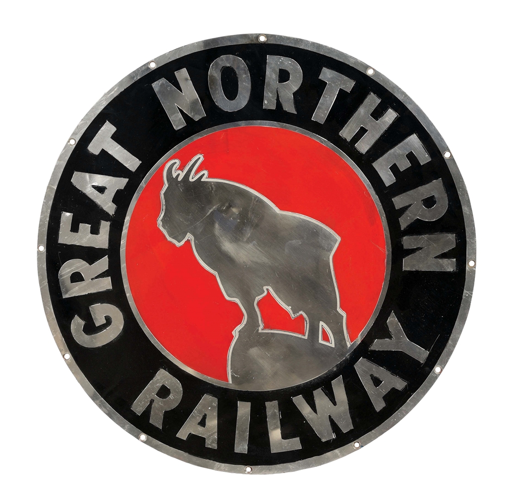 GREAT NORTHERN RAILWAY STAINLESS STEEL SIGN W/ MOUNTAIN GOAT GRAPHIC. 