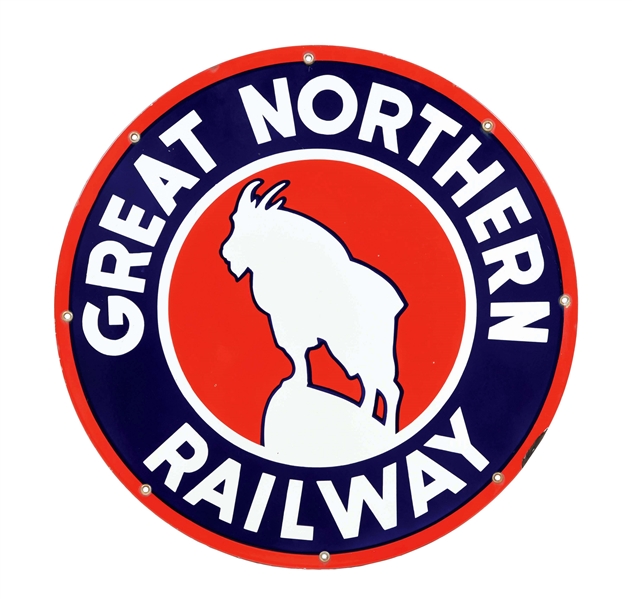 OUTSTANDING GREAT NORTHERN RAILWAY PORCELAIN SIGN W/ MOUNTAIN GOAT GRAPHIC. 