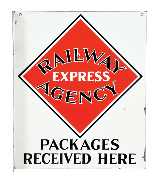 RAILWAY EXPRESS AGENCY PACKAGES RECEIVED HERE PORCELAIN FLANGE SIGN.