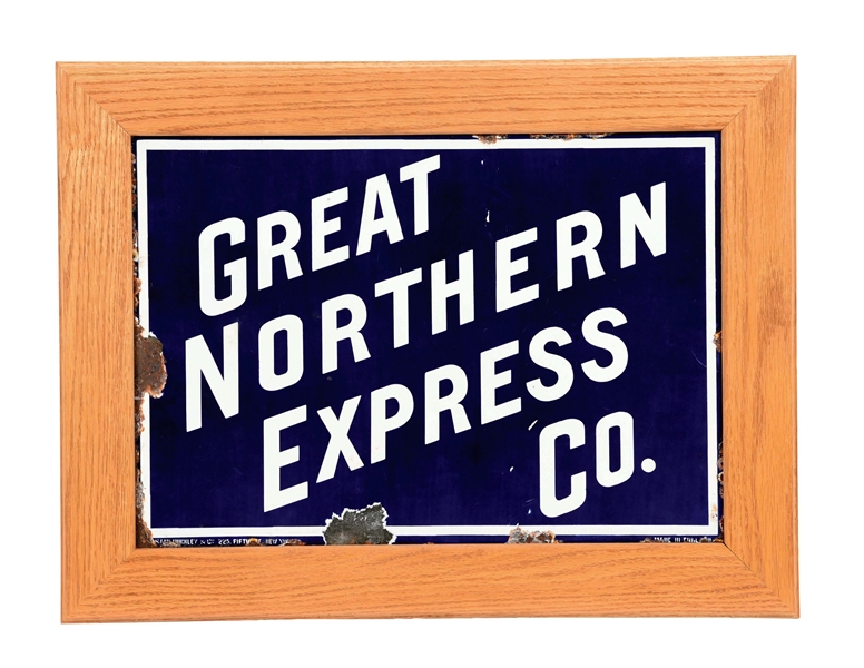 GREAT NORTHERN EXPRESS COMPANY PORCELAIN SIGN W/ WOOD FRAME. 