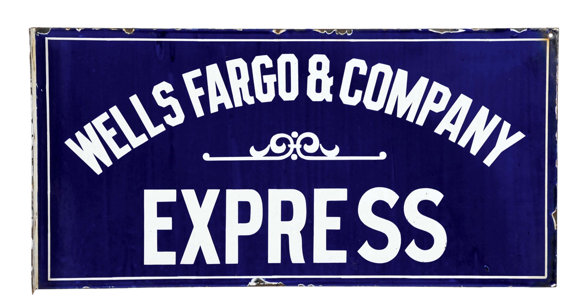 RARE WELLS FARGO & COMPANY EXPRESS PORCELAIN FLANGE SIGN. 