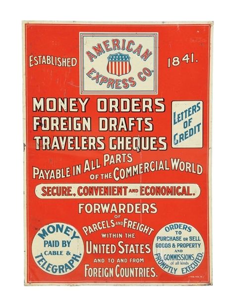 RARE AMERICAN EXPRESS COMPANY MONEY ORDERS EMBOSSED TIN SIGN.