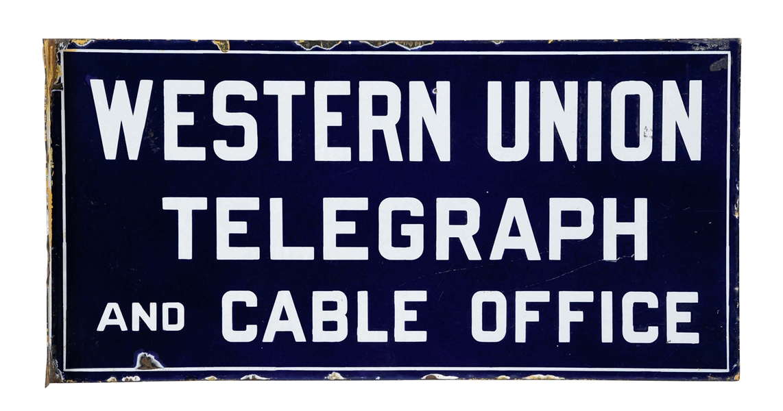 WESTERN UNION TELEGRAPH & CABLE OFFICE PORCELAIN FLANGE SIGN. 