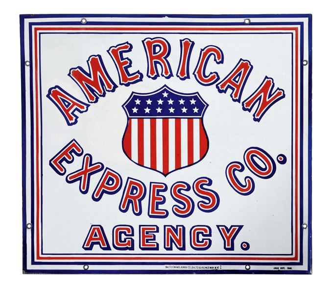 AMERICAN EXPRESS COMPANY AGENCY PORCELAIN SIGN W/ SHIELD GRAPHIC. 