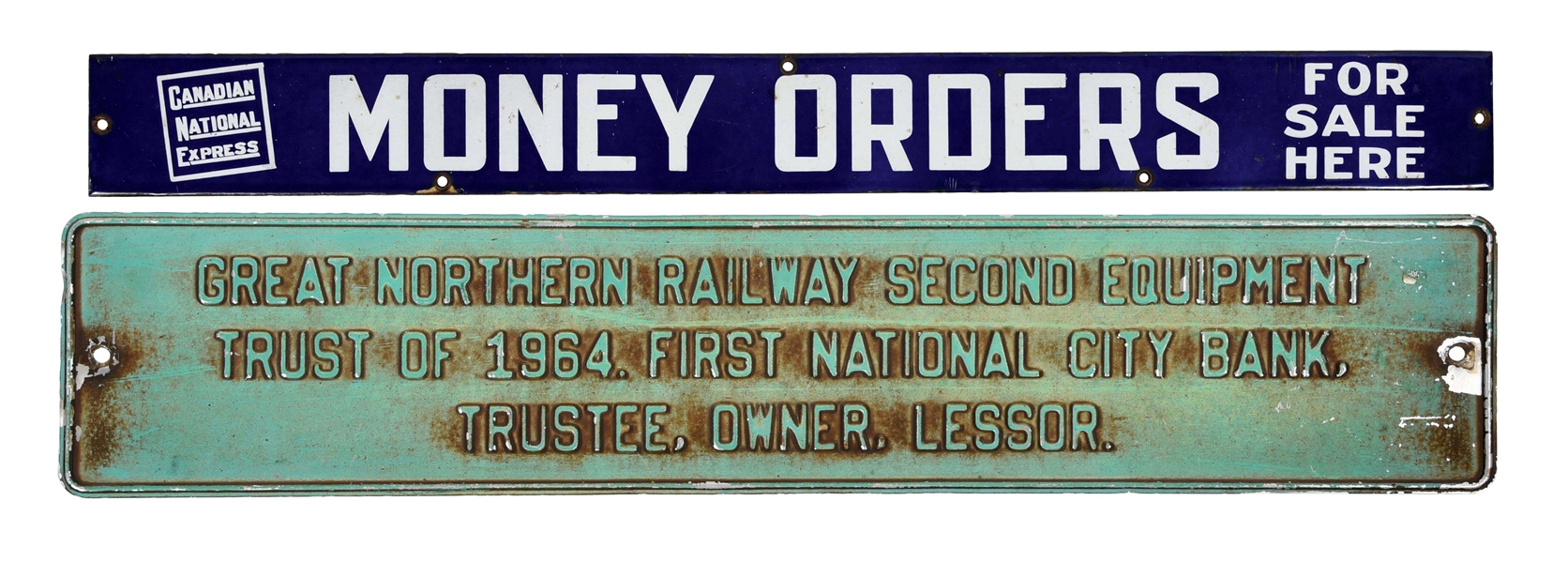 LOT OF 2: CANADIAN NATIONAL EXPRESS MONEY ORDERS PORCELAIN STRIP SIGN & GREAT NORTHERN RAILWAY EMBOSSED TIN SIGN. 