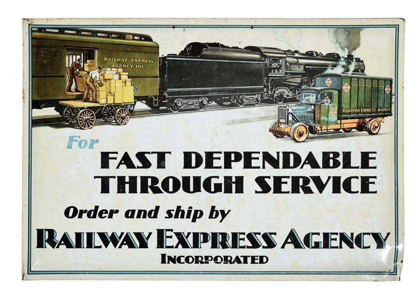 RAILWAY EXPRESS AGENCY SERVICE TIN OVER CARDBOARD SIGN W/ TRAIN & TRUCK GRAPHIC. 