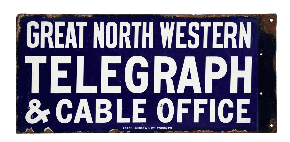 GREAT NORTH WESTERN TELEGRAPH & CABLE OFFICE PORCELAIN SIGN.