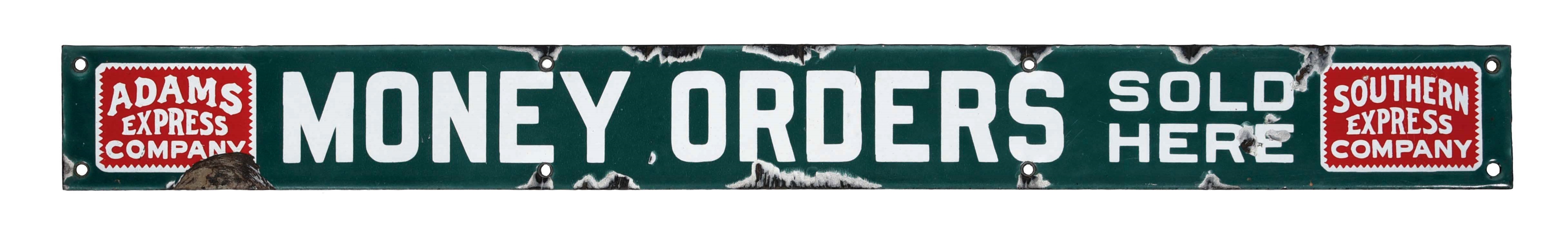 ADAMS & SOUTHERN EXPRESS COMPANY MONEY ORDERS SOLD HERE PORCELAIN STRIP SIGN.