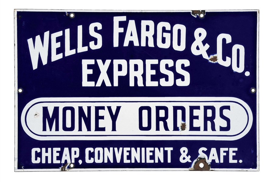 RARE WELLS FARGO & CO. EXPRESS MONEY ORDERS PORCELAIN SIGN.