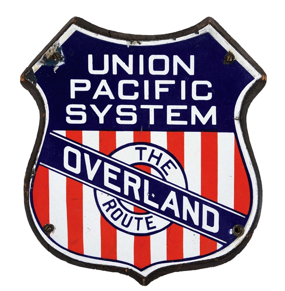 UNION PACIFIC SYSTEM OVERLAND ROUTE DIE CUT PORCELAIN SHIELD SIGN.