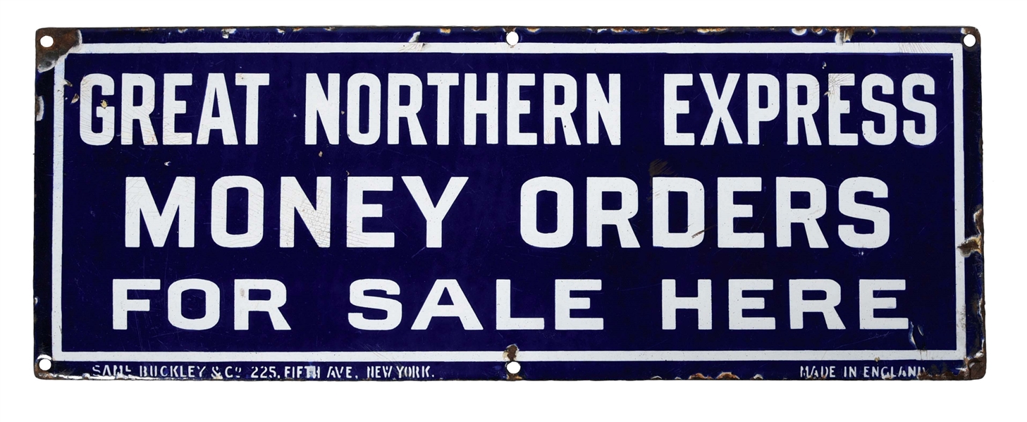 GREAT NORTHERN EXPRESS MONEY ORDERS PORCELAIN SIGN.