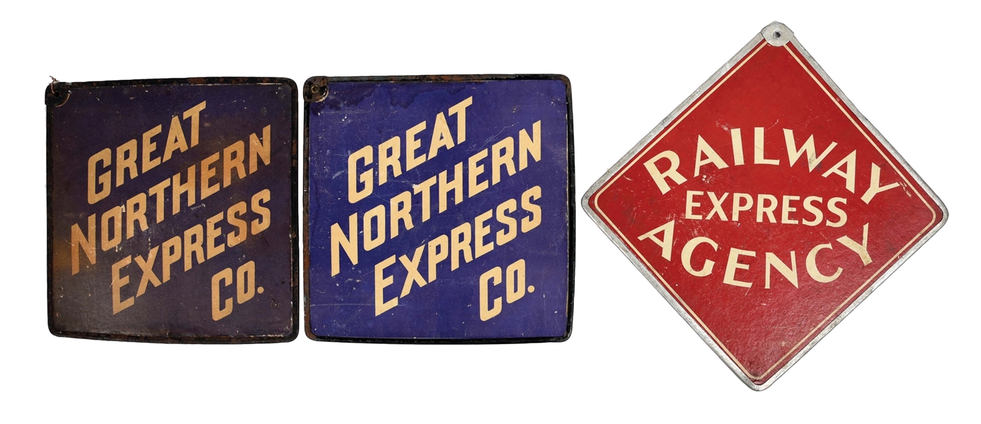 LOT OF 3: RAILWAY & GREAT NORTHERN EXPRESS CARD STOCK SIGNS W/ METAL BANDED EDGES. 