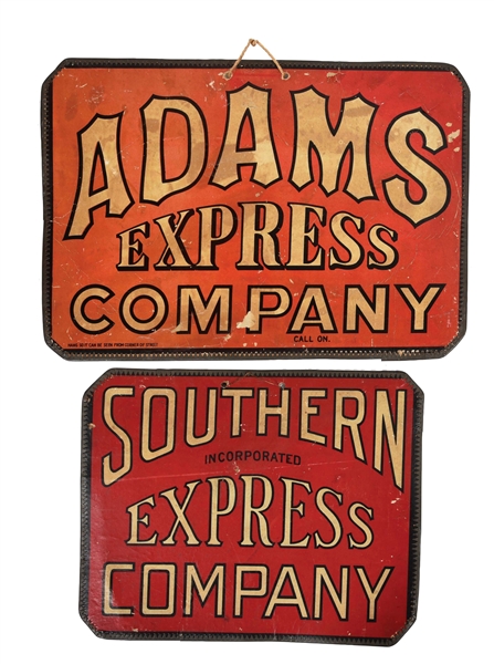 LOT OF 2: SOUTHERN EXPRESS & ADAMS EXPRESS COMPANY CARD STOCK SIGNS W/ METAL BANDED EDGE. 