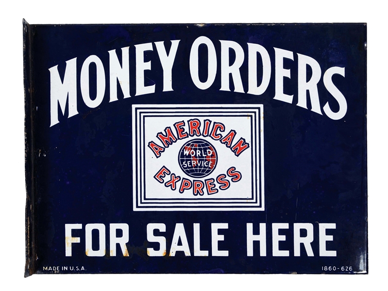 AMERICAN EXPRESS MONEY ORDERS FOR SALE HERE PORCELAIN FLANGE SIGN. 