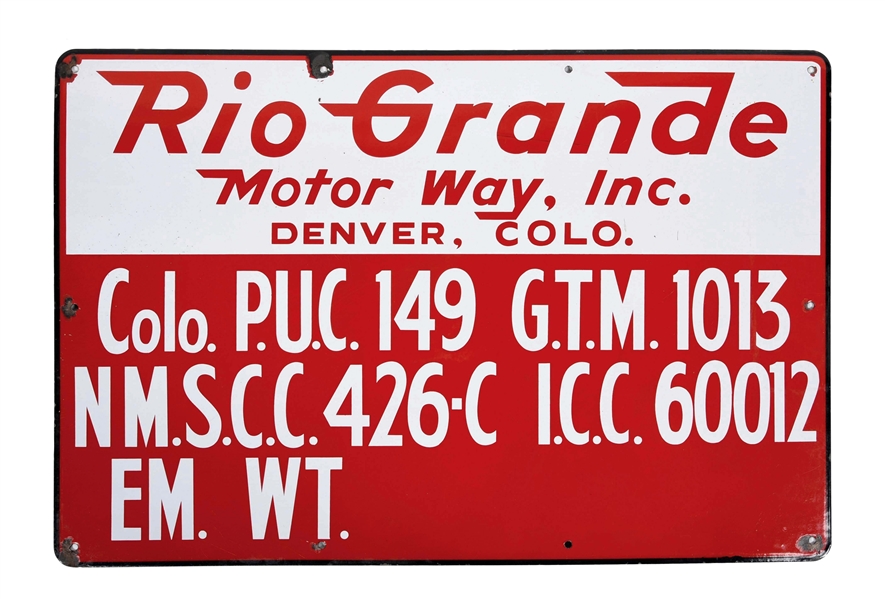 RIO GRANDE MOTOR WAY PORCELAIN SIGN.