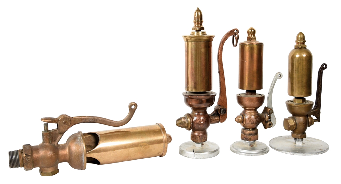 LOT OF 4: SMALL BRASS STEAM WHISTLES, SALESMEN MODELS.