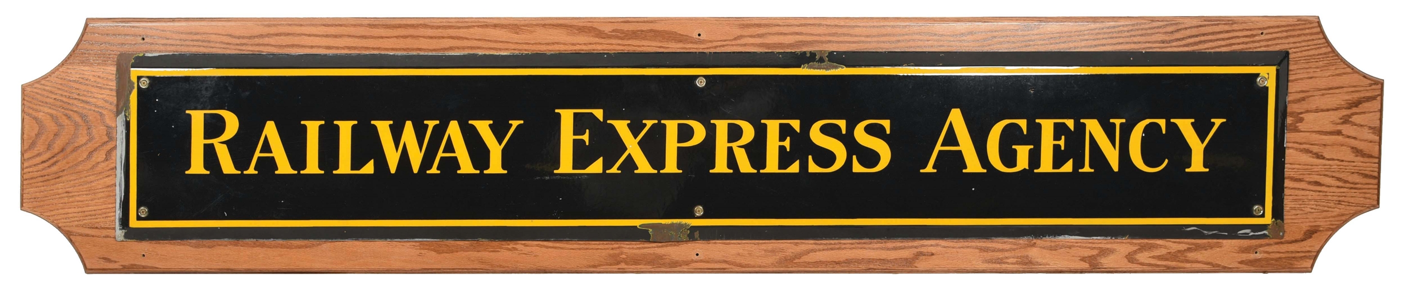 RAILWAY EXPRESS AGENCY PORCELAIN DEPOT SIGN W/ SELF FRAMED EDGE MOUNTED ON WOOD. 