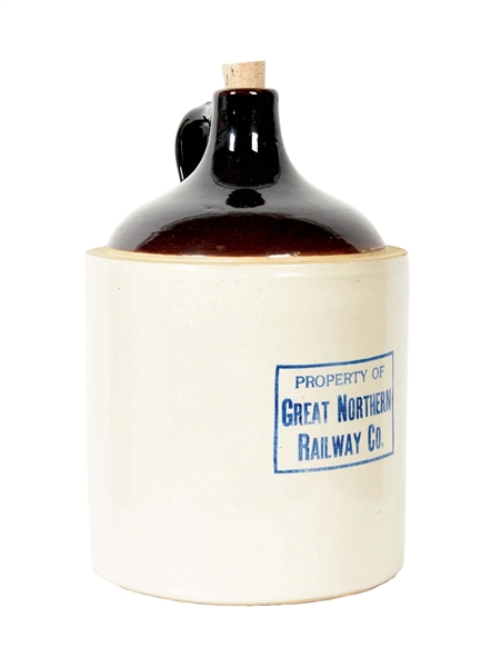 GREAT NORTHERN 2.5 GALLON STONEWARE JUG WITH CORK STOPPER.