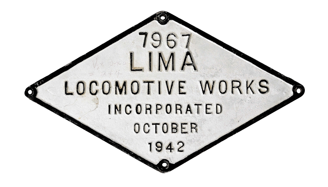 ORIGINAL LIMA LOCOMOTIVE WORKS 7967 BUILDERS PLATE.