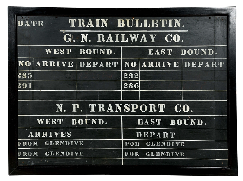 GREAT NORTHERN AND NORTHERN PACIFIC TRANSPORT CO. TRAIN BULLETIN BOARD.