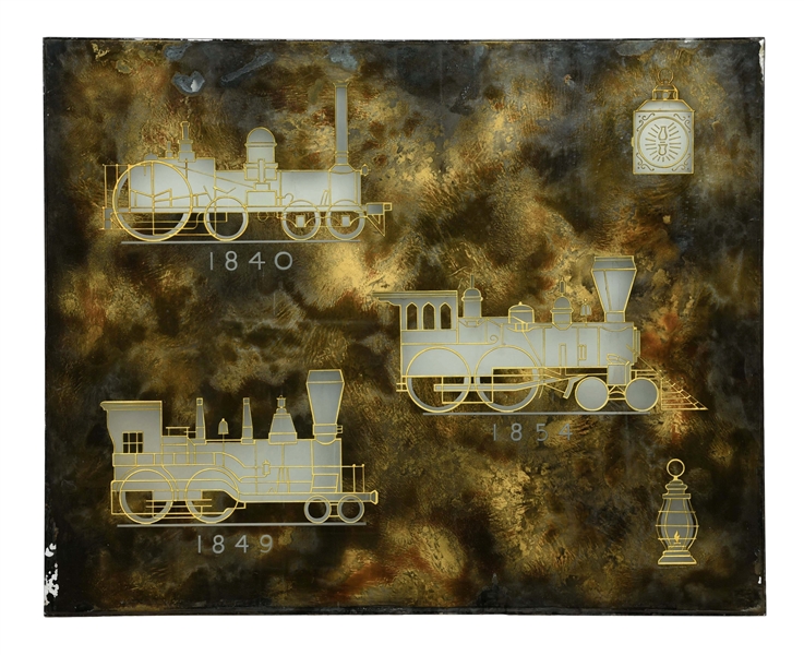 RAILROAD GLASS PANEL WITH HISTORIC LOCOMOTIVES, HEADLIGHT, AND LANTERN PAINTED ENGRAVINGS.