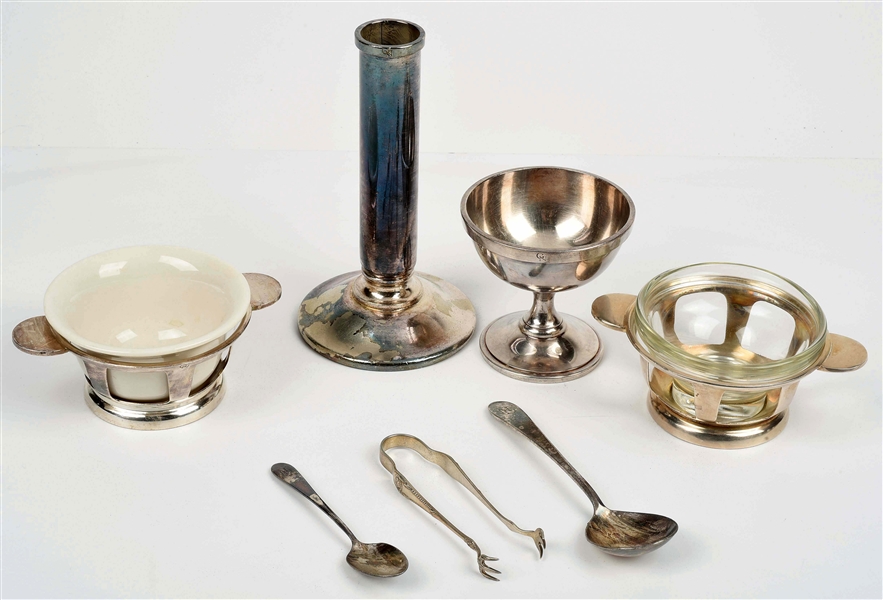 LOT OF 7: ASSORTED SILVER SERVING ITEMS.