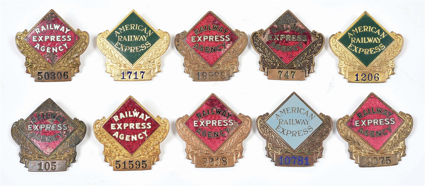 LOT OF 10: RAILWAY EXPRESS AGENCY EMPLOYEE BADGES.