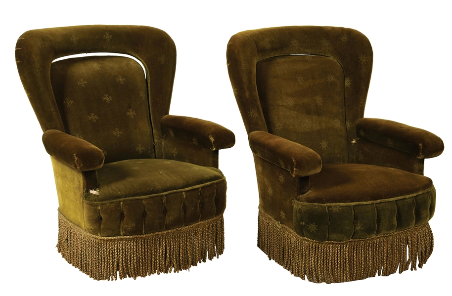 LOT OF 2: PULLMAN PATTERENED ORIGINAL GREEN UPHOLSTRY CHAIRS. 
