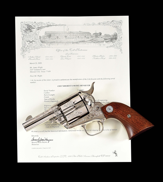 (M) HOWARD DOVE FACTORY ENGRAVED COLT SHERIFFS MODEL SINGLE ACTION ARMY WITH DUAL CYLINDERS AND PRESENTATION CASE.