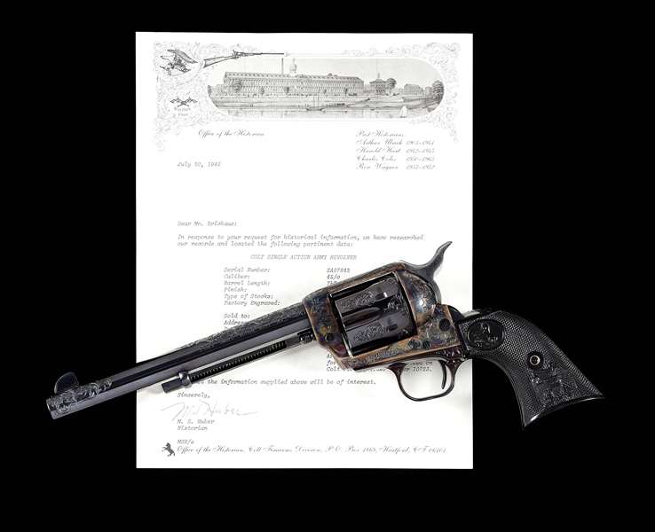 (M) COLT SINGLE ACTION ARMY ENGRAVED BY HOWARD DOVE WITH COLT ARCHIVAL LETTER DOCUMENTING THIS IS THE FIRST GUN ENGRAVED BY DOVE FOR COLT FIREARMS