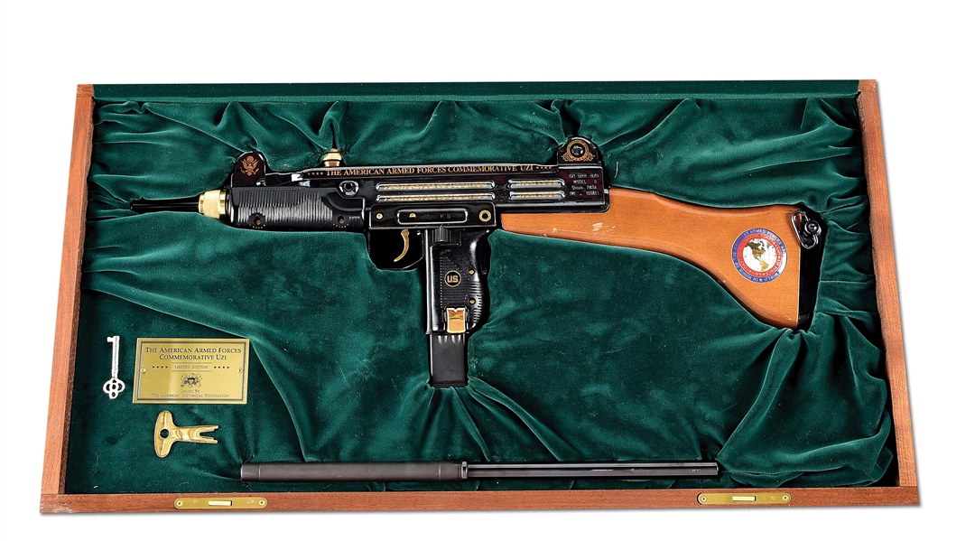 (M) ACTION ARMS UZI MODEL B AMERICAN ARMED FORCES COMMEMORATIVE SEMI-AUTOMATIC CARBINE WITH DISPLAY CASE.