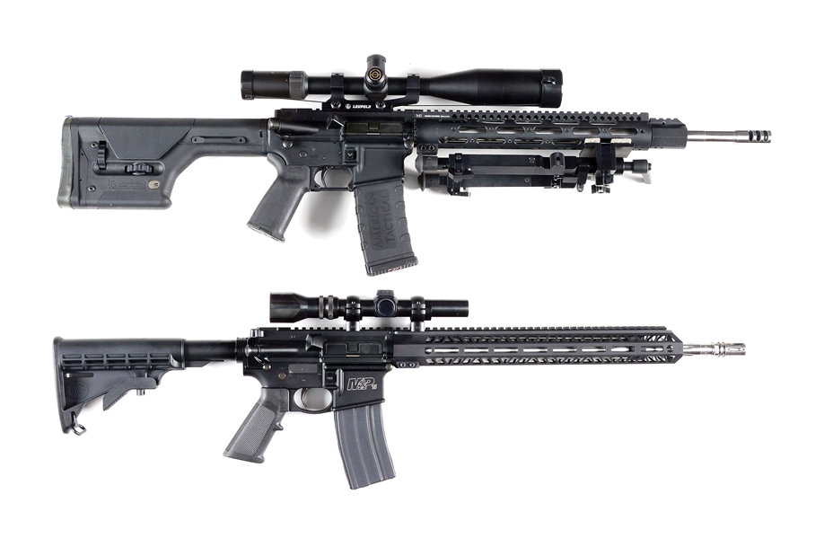 (M) LOT OF 2: BUSHMASTER XM15 .223 AND CUSTOMIZED SMITH & WESSON M&P15 .22 NOSLER SEMI-AUTOMATIC RIFLES.