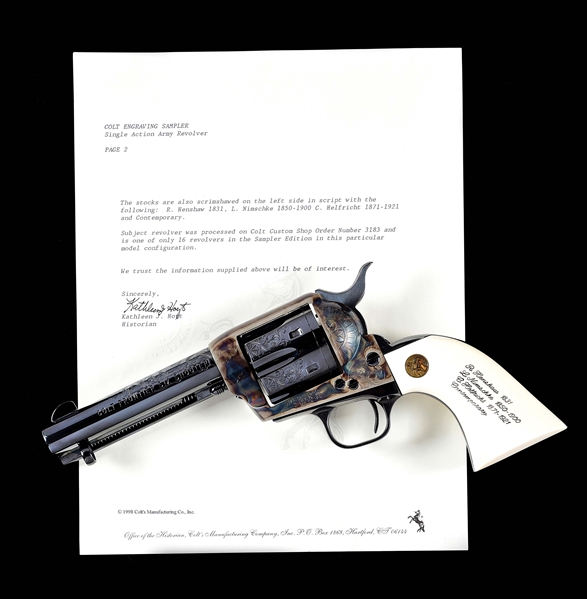 (M) COLT ENGRAVING SAMPLER FRONTIER SIX SHOOTER SINGLE ACTION ARMY REVOLVER WITH FACTORY ARCHIVAL LETTER DOCUMENTING 1 OF 16 BUILT.